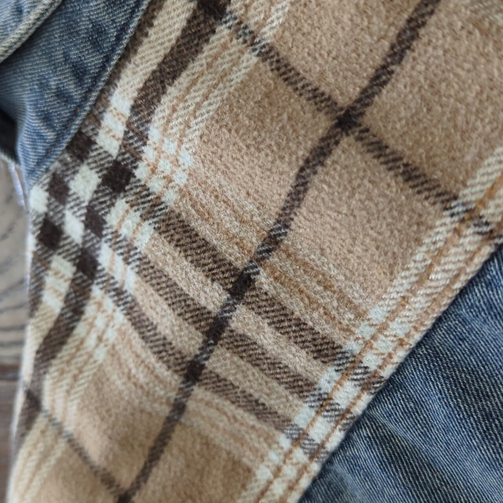 BLUE B COLLECTION I Boutique Denim & Plaid Flannel Contrast Jean Jacket, L - Picture 11 of 15